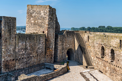 Smederevo, Serbia - November 15, 2023: The Smederevo Fortress, a medieval fortified city, is seen in this photo. Photo shows the grand castle fort and it's extensive surrounding walls.