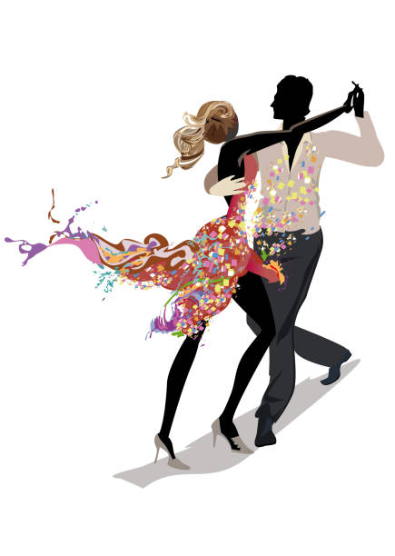 illustrations, cliparts, dessins animés et icônes de couple de danse abstrait décoré d’éclaboussures, de vagues, de notes. - music musical note treble clef dancing