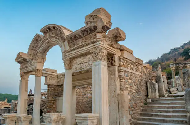 Photo of Remains of the Temple of Hadrian among the ruins of the ancient Greek and Roman City of Ephesus near SelÃ§uk, Ä°zmir Province, Turkey (TÃ¼rkiye)