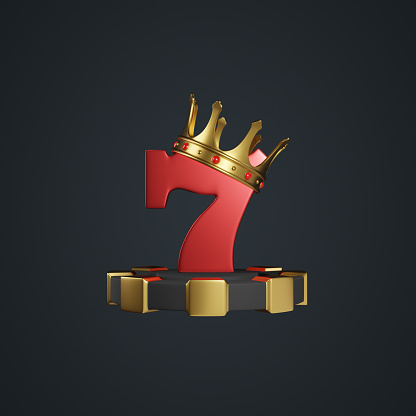 Casino chips, golden crown and lucky seven symbols on a black background. Poker, blackjack, baccarat game concept. 3D render illustration