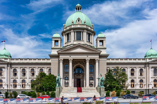Belgrade, Serbia - November 17, 2023: The House of the National Assembly of the Republic of Serbia. Photo taken of the exterior from the street.