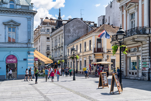 Belgrade, Serbia - November 15, 2023: A street in the Stari Grad neighborhood of Belgrade. Photo contains some people and businesses.