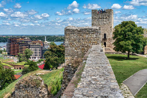 Belgrade, Serbia - November 15, 2023: Kalemegdan Fortress located alongside the Danube River in central Belgrade. Photo taken within the Kalemegdan Park and contains some old parts of the fort.