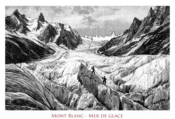 ilustrações, clipart, desenhos animados e ícones de mont blanc - mer de glace, um glaciar do vale nas encostas setentrionais do mont blanc nos alpes franceses com 7,5 km de comprimento - glacier mountain ice european alps