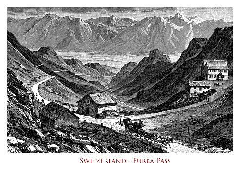 Furka Pass , high mountain pass of the Swiss Alps with an incomparable panorama of the mountains, a climbing road and a mountain refuge on top