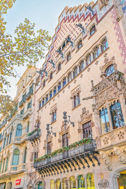 Barcelona, Spain - November 26, 2021: Facade of Casa Amatller in Barcelona, vertical. Famous Catalan architecture on an autumn day