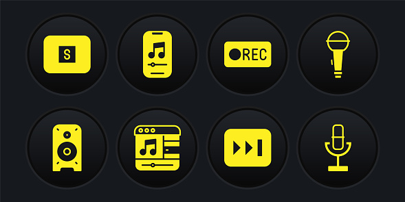 Set Stereo speaker, Microphone, Music player, Fast forward, Record button, and Stop media icon. Vector