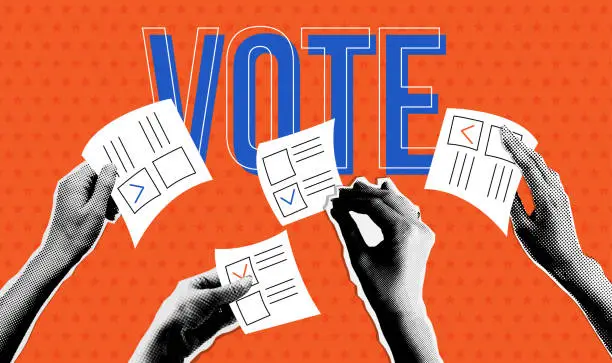 Vector illustration of Voting concept. People's hands holding vote ballots in trendy halftone collage style. Vector dotted Cutouts magazines. 2024 president election concept,