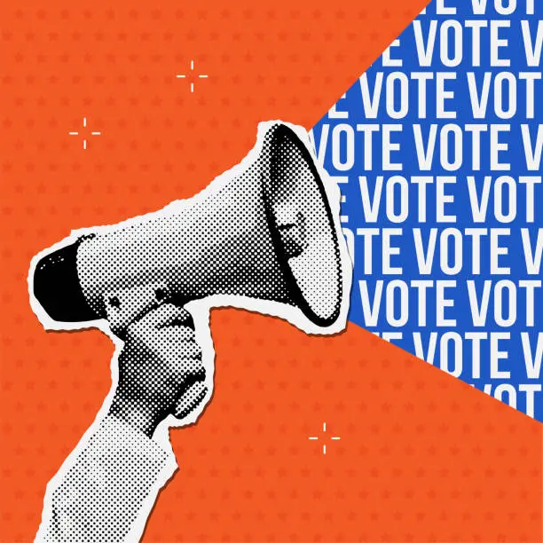 Vector illustration of Hand holding a megaphone from which comes title - VOTE. Trendy halftone collage for 2024 politics elections. Vector dotted Cutouts magazines.