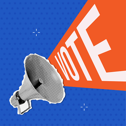 Megaphone speech bubble with big word - vote. Halftone collage Banner for 2024 president election. Democracy, Freedom of speech. Dotted vector illustration