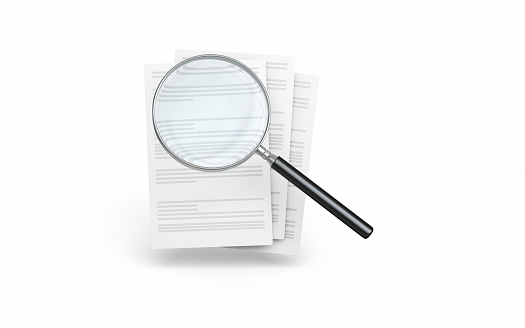 3d Render Documents viewed with magnifying glass icon, Research concept, It can be used for concepts such as archive system, filing, storage, digital icon. Object + Shadow Path