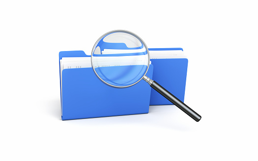 3d Render Blue Folder and Documents with magnifying glass icon, Research concept, Research concept, It can be used for concepts such as archive system, filing, storage, digital icon. Object + Shadow Path
