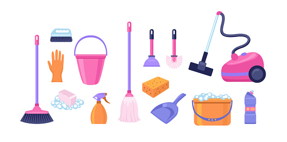 Set of tools for cleaning. Collection of vector flat illustrations.