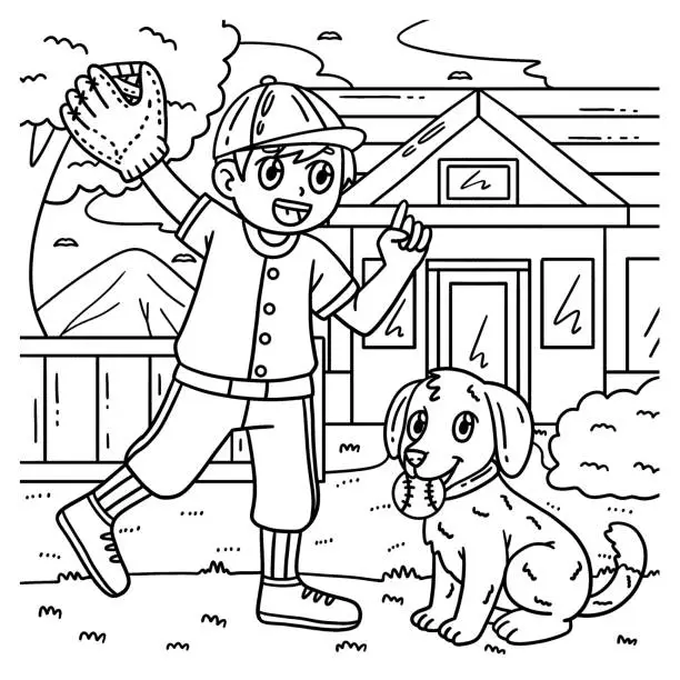 Vector illustration of Boy and Dog Biting Baseball Coloring Page for Kids