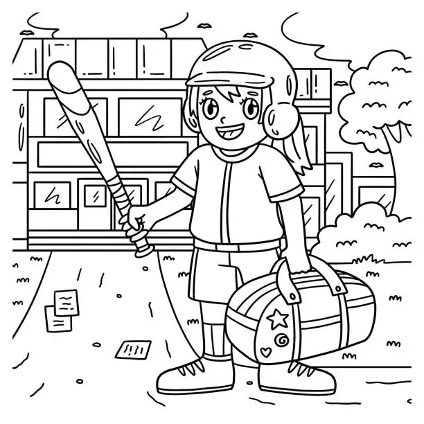 Vector illustration of Girl with a Sports Bag and Baseball Bat Coloring