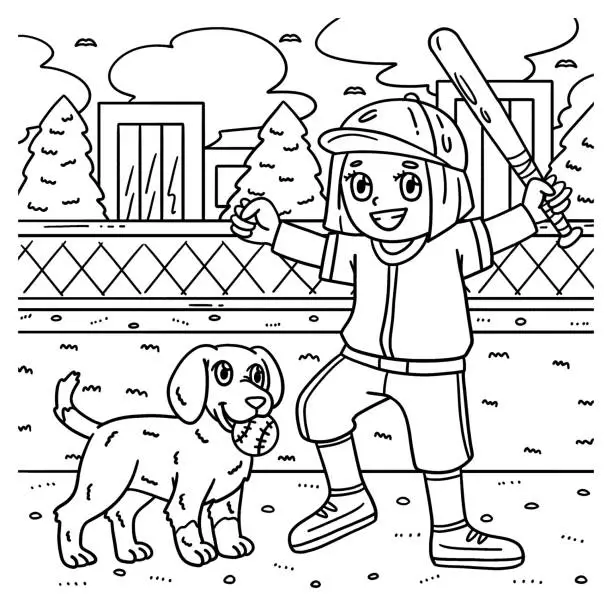 Vector illustration of Girl Playing Baseball with a Dog Coloring Page