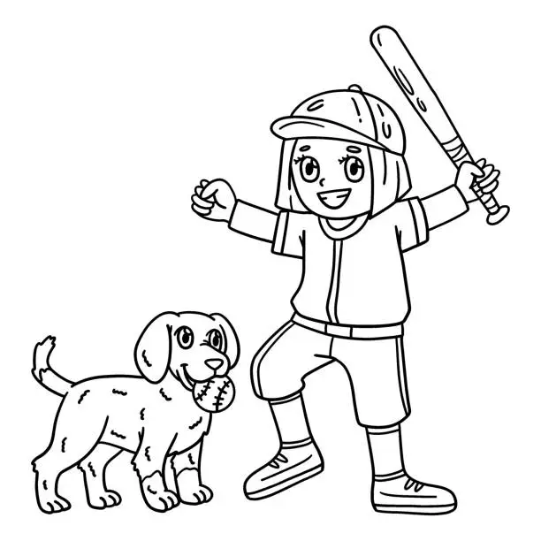 Vector illustration of Girl Playing Baseball with a Dog Isolated Coloring