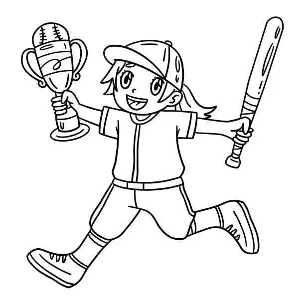 Vector illustration of Girl Holding a Baseball Bat and Trophy Isolated