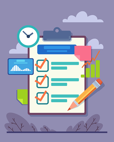 Clipboard with checklist and pencil vector illustration. Post-it-notes, clock, diagrams. Business and work concept