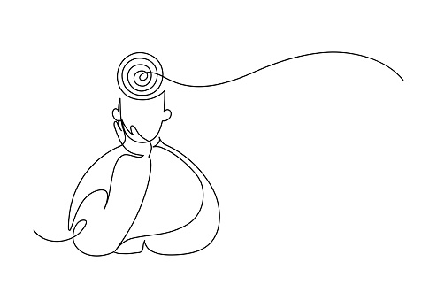 Thinking man. Phylosophy, logic, strictly mind concept. Labyrinth of mind. Continuous line drawing.