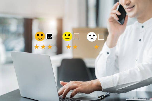istock Happy Client customer experience concept. Male recording phone inquiry with checkboxes, smiling face rating excellent for satisfaction survey. 1798682868