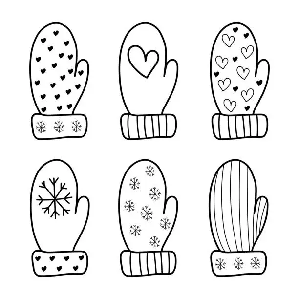 Vector illustration of black and white silhouette of mittens with a winter pattern