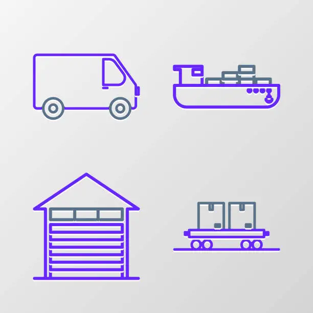 Vector illustration of Set line Railway carriage, Closed warehouse, Cargo ship with boxes delivery service and Delivery cargo truck vehicle icon. Vector