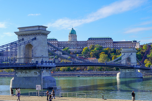 Budapest, Hungary, November 3, 2023: Chain bridge on danube river in Budapest city Hungary