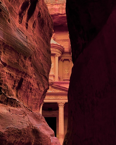 The image of Petra which is one of the new seven wonders of the world situated in the southern desert landscapes of Jordan