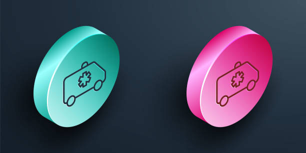 istock Isometric line Ambulance and emergency car icon isolated on black background. Ambulance vehicle medical evacuation. Turquoise and pink circle button. Vector 1798727191