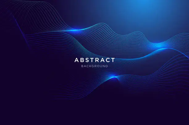 Vector illustration of Dynamic blue and purple particle wave on dark blue abstract background. Abstract sound visualization. Digital structure of the wave flow of luminous particles.