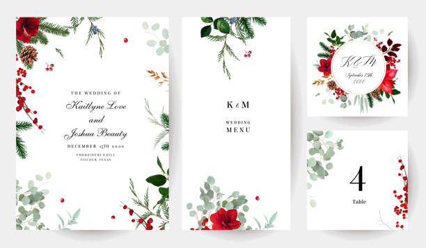 Emerald Christmas greenery, red amaryllis, winter berry, cedar, emerald pine, spruce vector design frames. Emerald Christmas greenery, red amaryllis, winter berry, cedar, emerald pine, spruce vector design frames. Winter wedding or new year party invitation cards. Watercolor style. Isolated and editable christmas stars stock illustrations