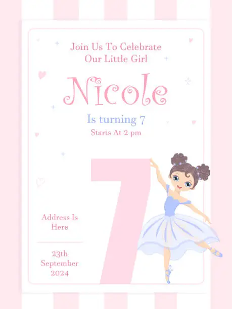 Vector illustration of 7 Ballerina Birthday Invitation Ballet Party Invite Tutu Invite Dance Invitation Ballerina Invite Girl Birthday Invitation Editable Printable