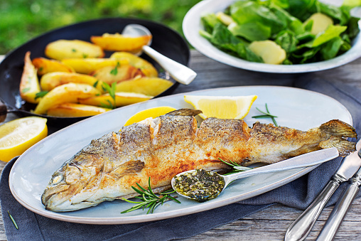 Roasted traditional river trout with salad, potatoes and (garlic, parsley) sauce, outside in the garden