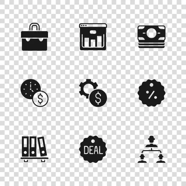 Vector illustration of Set Deal, Discount percent tag, Employee hierarchy, Gear with dollar symbol, Stacks paper money cash, Briefcase, Browser stocks market and Time icon. Vector