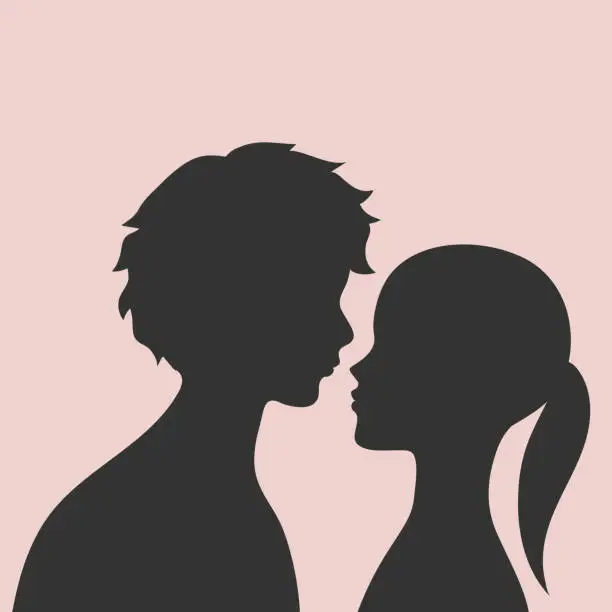 Vector illustration of Guy and Girl silhouettes. Silhouettes of lovers Man and Woman standing face to face. Vector illustration