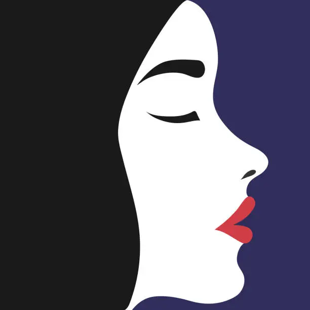 Vector illustration of Portrait of a beautiful female with red lips profile view. Vector illustration