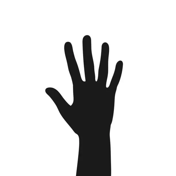 Vector illustration of Silhouettes of a raised human hand. Palm of a hand. Vector illustration