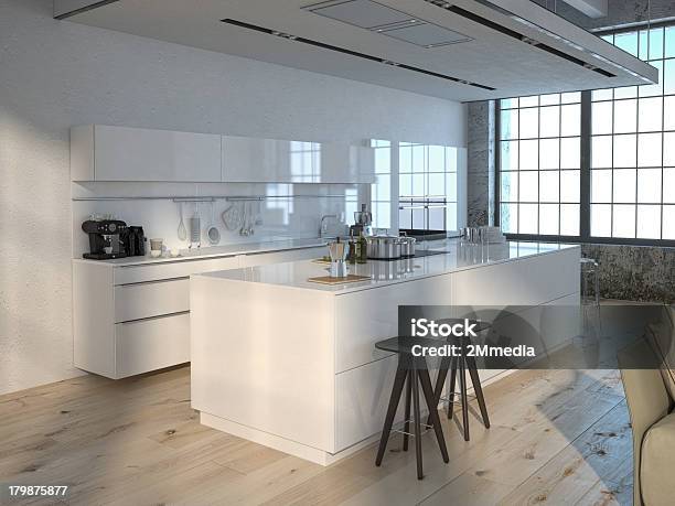 A Modern White Kitchen In A Beautiful House Stock Photo - Download Image Now - Apartment, Architecture, Chair