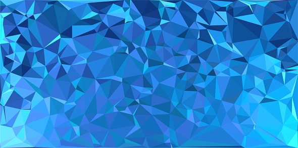 Triangle poly prism background with glowing illuminating light in blue winter tone color mosaic style pattern. Frost polygon geometrical wallpaper.
