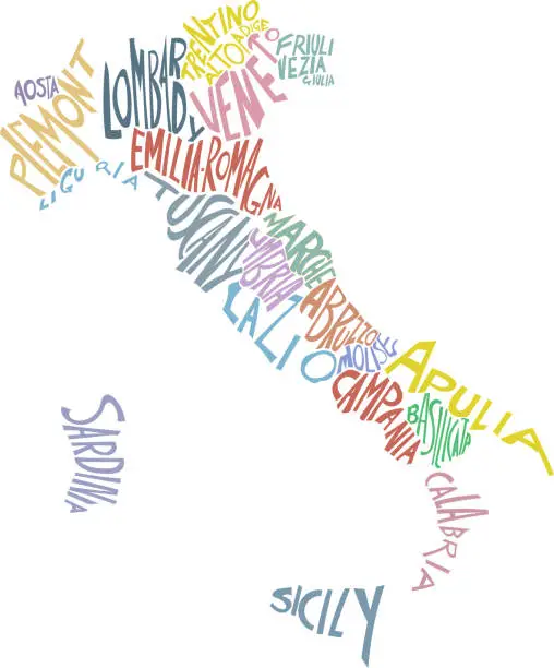 Vector illustration of Italy map with states. Poster map of Italy with state names. vector illustration