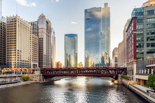 istock View of Chicago river lined with skyscrapers at sunset 1798778916