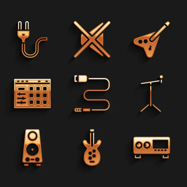 Vector illustration of Set Audio jack, Electric bass guitar, Guitar amplifier, Microphone with stand, Stereo speaker, Drum machine, and plug icon. Vector