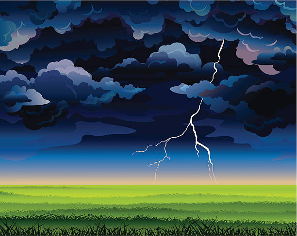 stormy 스카이 lightning 및 녹색 필드 - dpi stock illustrations