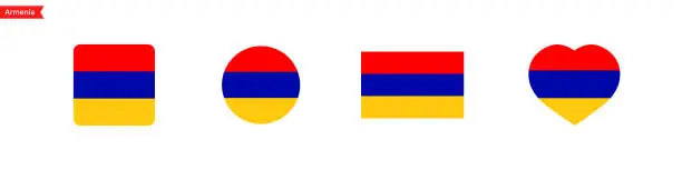 Vector illustration of National flag of Armenia. Armenia flag icons in the shape of a square, circle, heart. Isolated flags for language selection. Vector icons