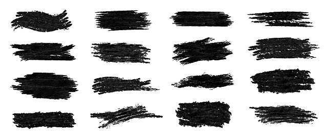 Set of black vector textured brush splashes. Detailed rough grungy blots, ink smears, paint smudges, pencil stains as text boxes. Template of freehand paintbrush strokes, artistic design elements