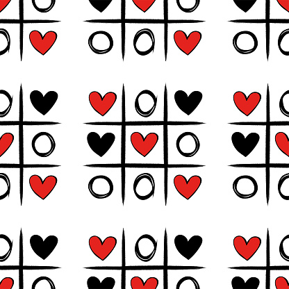 Seamless pattern, tic-tac-toe game with hearts. Funny hand drawn texture for print, web. Doodle design for Valentine's Day. Love, relationships, communication. Romantic wallpaper. Vector illustration