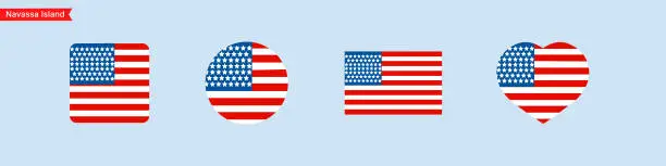 Vector illustration of National flag of Navassa Island icons. Website language choice symbols. Navassa Island flag in the shape of a square, circle, heart. Vector UI flag design