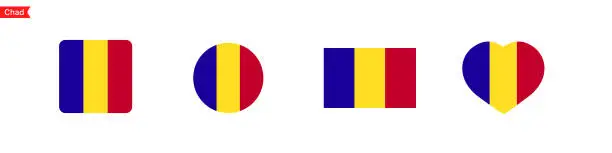 Vector illustration of National flag of Chad. Isolated flag symbols for language selection. Chad flag icons in the shape of a square, circle, heart. Vector icons