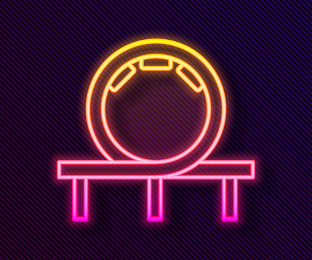 Glowing neon line Roller coaster icon isolated on black background. Amusement park. Childrens entertainment playground, recreation park. Vector